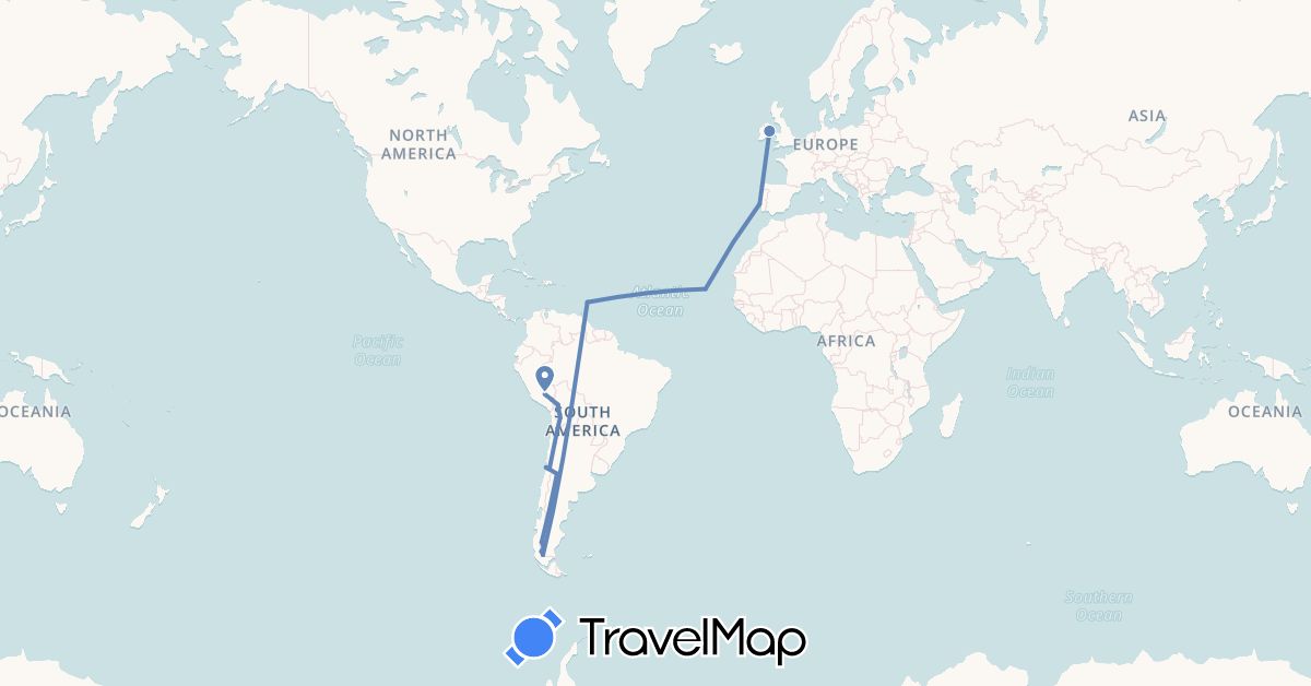 TravelMap itinerary: driving, cycling in Argentina, Barbados, Bolivia, Chile, Cape Verde, Ireland, Peru, Portugal (Africa, Europe, North America, South America)